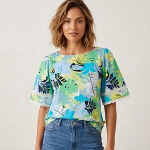 Ruby Rd. Tropical Floral Boatneck Top in Blue and Green